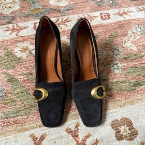 Coach Women's Black Suede Heels with Gold Buckle